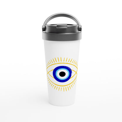 Evil Eye Protection White 15oz Stainless Steel Travel Mug